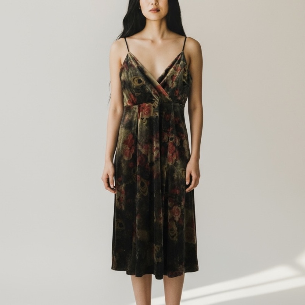 Mystree Velvet Earthy Surplice Spaghetti Strap Dress Victorian Dark Romance